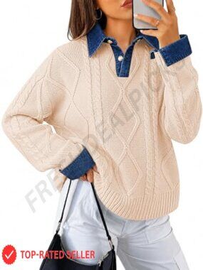 Cable Knit Sweater Denim Polo Pullover Button Down Collar